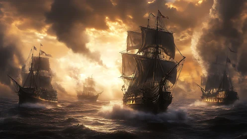 Storm-lit armada of tall ships on a blazing horizon.