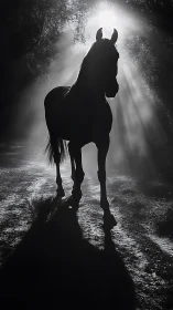 Midnight horse silhouette wandering through silver light.