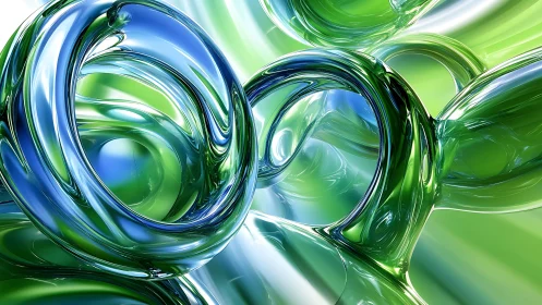 Interlocking blue and green glass rings in abstract space