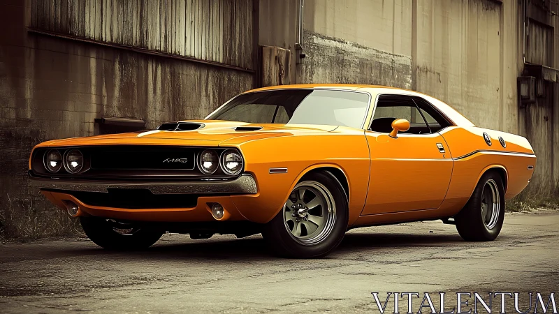 Orange classic muscle car is parked beside worn industrial wall