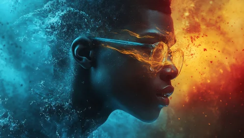 Digital portrait uniting fire and water around reflective face.
