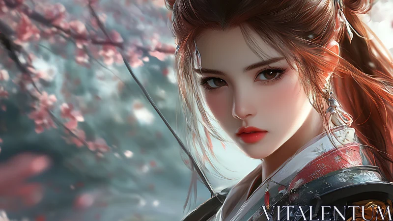 Samurai woman under cherry blossoms in soft focus bloom.