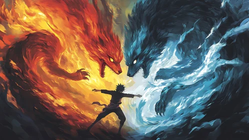 Human warrior stands between colossal fire and ice beasts