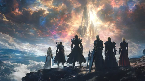 Skybound heroes behold the radiant spire of a fractured dawn.