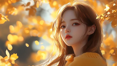 Autumn light portrait of serene girl in golden foliage.