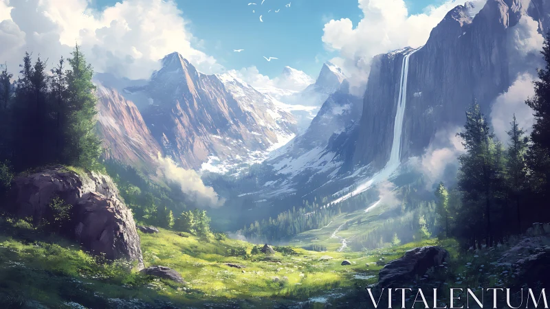 Sunlit valley cradled by thunderous glacier-cut peaks.