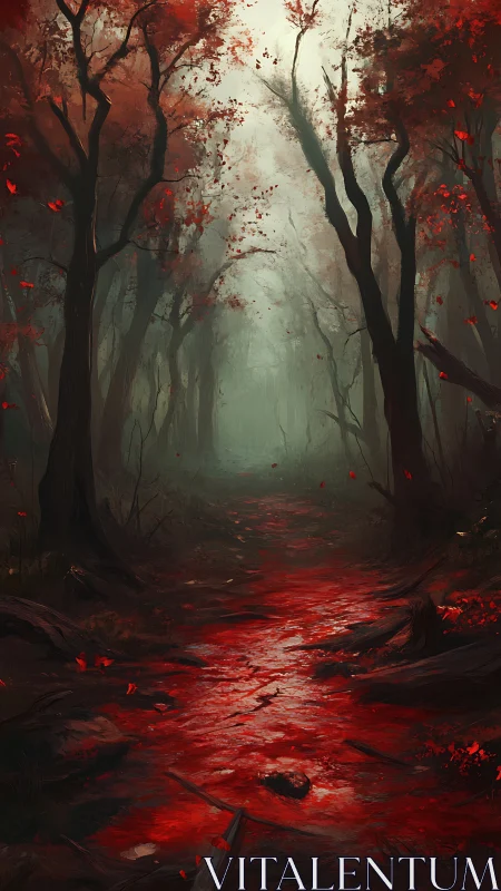 Crimson forest path with blood-red stream and autumn foliage