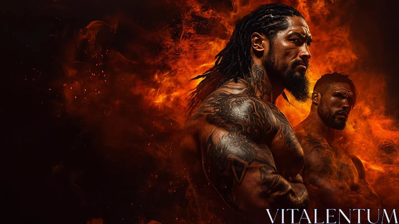 Tattooed muscular warriors posed against blazing firestorm.