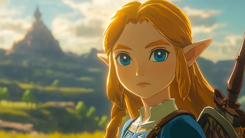 Heroic elf warrior gazes across a sunlit fantasy kingdom