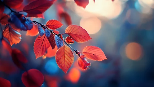 Red autumn leaves with blue highlights in soft focus bokeh.