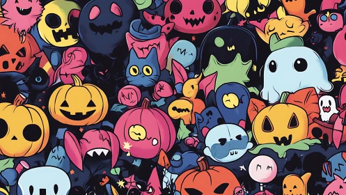 Cute Halloween cartoon characters fill a colorful pattern