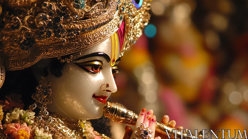 Golden crowned deity whispers music through jeweled flute