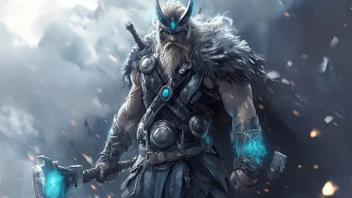 Mythic lightning warrior in icy storm, digital painting focus.