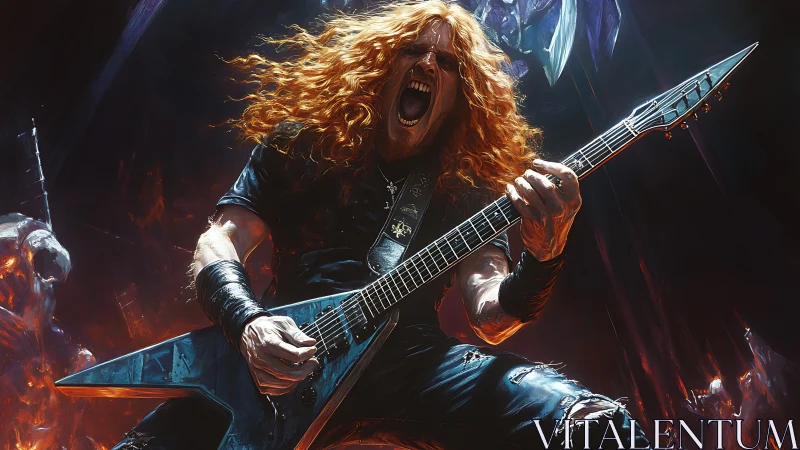 Metal guitarist unleashes blazing solo in infernal stage