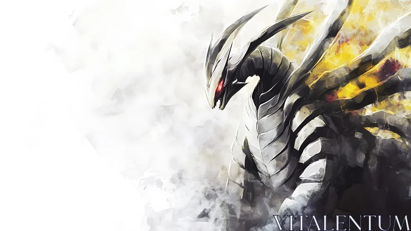 Chromatic smoke-borne draconic entity in armored ascension.