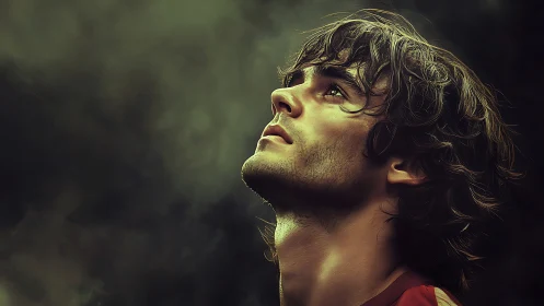 Young man in profile gazing upward in moody light.