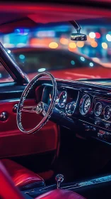 Classic coupe interior under neon cinematic bokeh lighting.