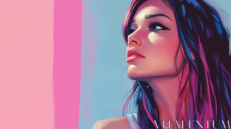 Neon-haired woman gazes upward beside pastel split background
