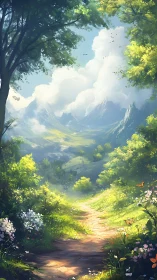 Alpine Valley Path Framed by Luminous Canopy and Distant Peaks