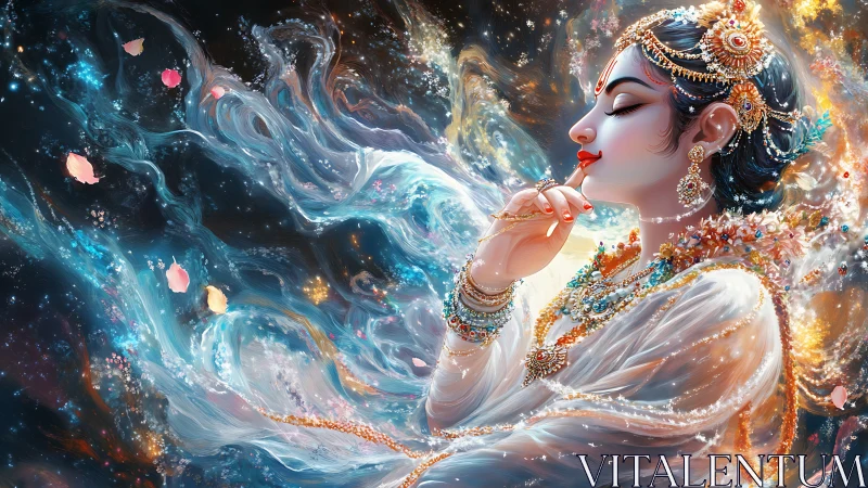 Celestial muse in jeweled silence drifting through stardust.