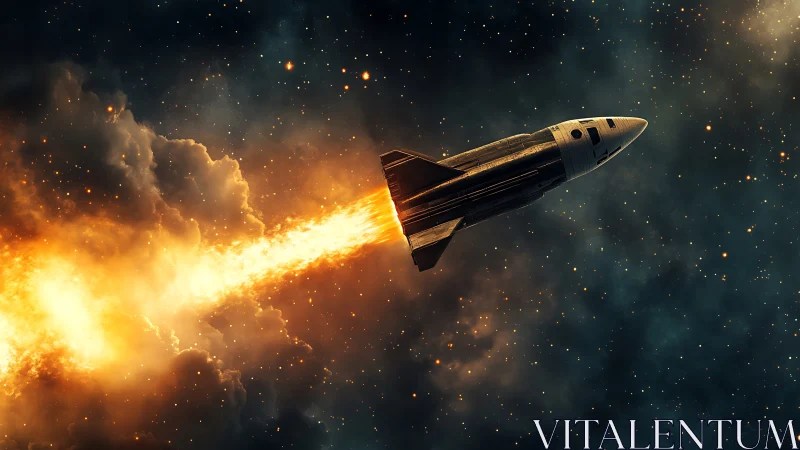 Photoreal rocket cuts through nebula with blazing exhaust plume.