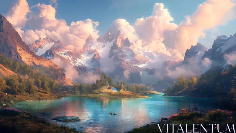 Sunlit crystal peaks cradle a turquoise dreamlake hush