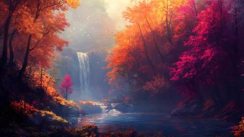 Digital landscape shows waterfall amid dense autumn forest