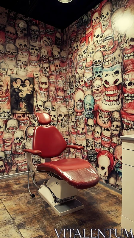 Red dental chair in clinic room with skull mural walls.