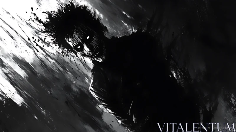 Shadowed figure leans from darkness with stark glowing eyes