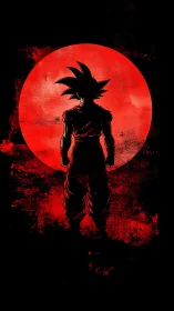 Saiyan warrior silhouette against blood red rising sun