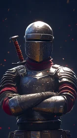 Steel-clad sentinel stands amid embers of a midnight forge.