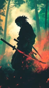 Lone samurai strides through forest fire in defiant silence
