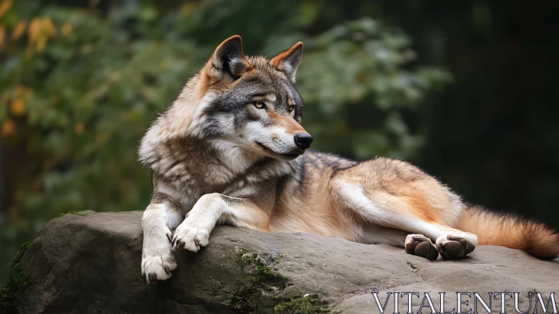 Resting gray wolf on rock with shallow depth and soft bokeh