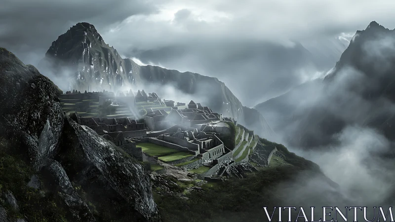 Misty mountain citadel rests quietly above deep shadowed valleys