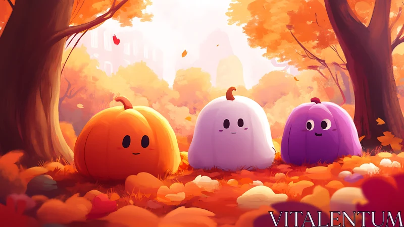 Trio of kawaii pumpkins in stylized glowing autumn park