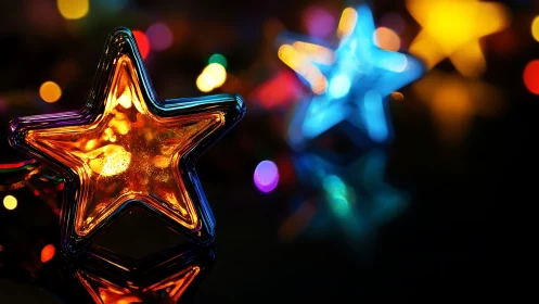 Luminous glass star ornament with vivid bokeh lighting.