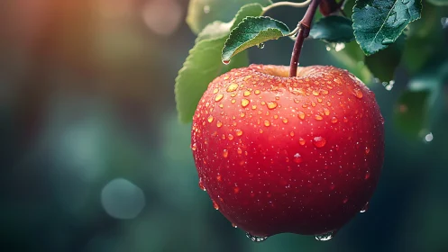 Red apple on branch with dew droplets in soft focus field.