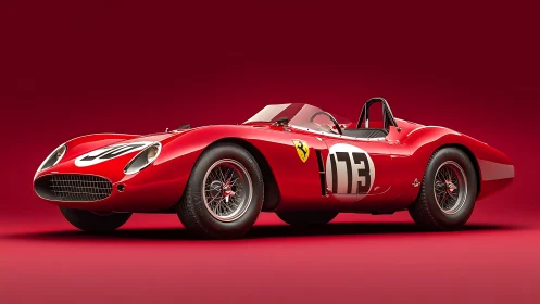 Scarlet vintage race spider poised on a velvety red stage.