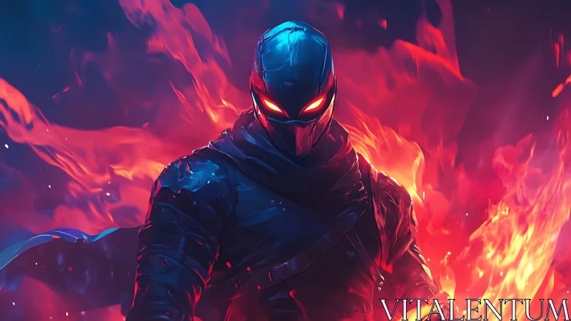 Fiery masked warrior strides forward through swirling flames