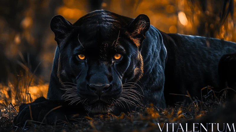 Black panther lying in grass with intense golden eyes.