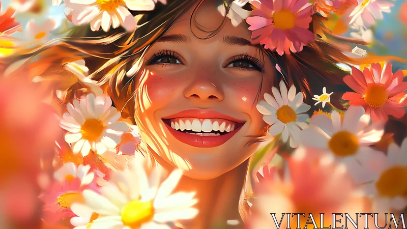 Digital painting portrait with floral bokeh and radiant smile.