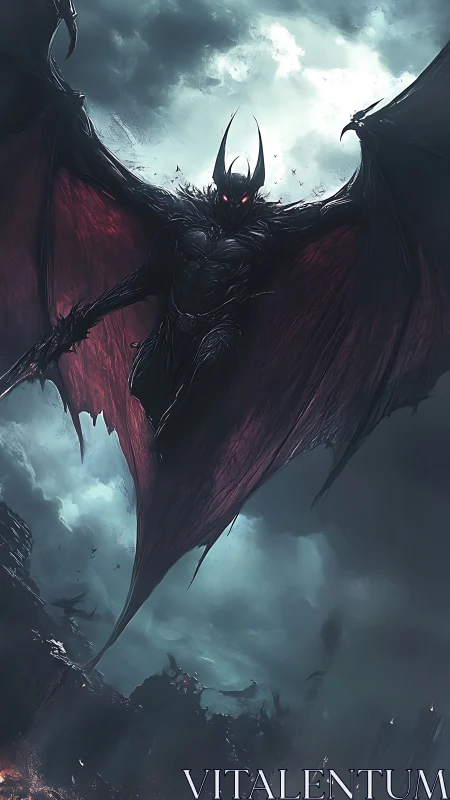 Demonic winged entity descending through storm-torn battlefield.