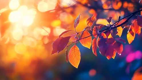 Backlit orange leaves on branch with blurred sunlit bokeh.