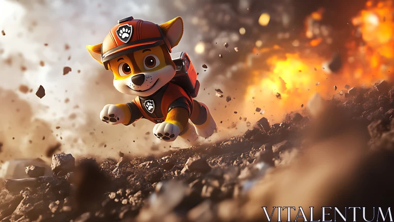 Animated rescue dog moves through debris amid fiery blast