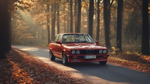 Classic red BMW sedan drives through sunlit autumn forest.