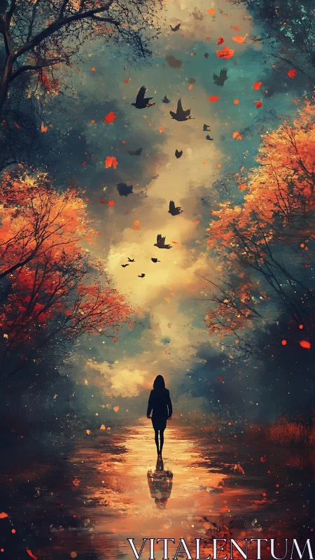 Autumnal reflected path with silhouetted figure and avian flux.
