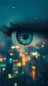 Close-up human eye with city lights through wet glass.