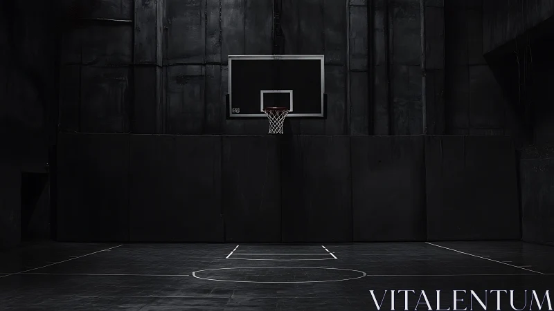 Monochrome indoor basketball court with dramatic low-key lighting.