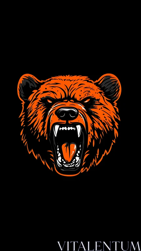 Roaring orange bear head erupts from darkness in bold focus.