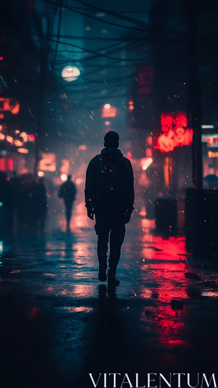 Solitary silhouette crossing neon-soaked midnight alleyway.